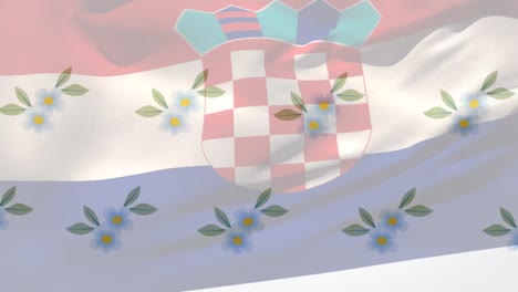 Animation-Der-Flagge-Kroatiens,-Die-über-Reihen-Fallender-Blumen-Weht