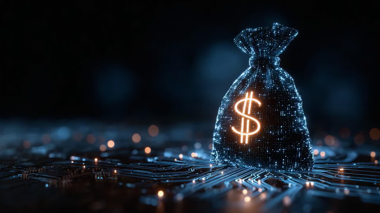 A Glimmering Digital Money Bag on a Circuit Board Background Illuminated by Soft Lights, Symbolizing Modern Wealth and Cyber Finance Innovations