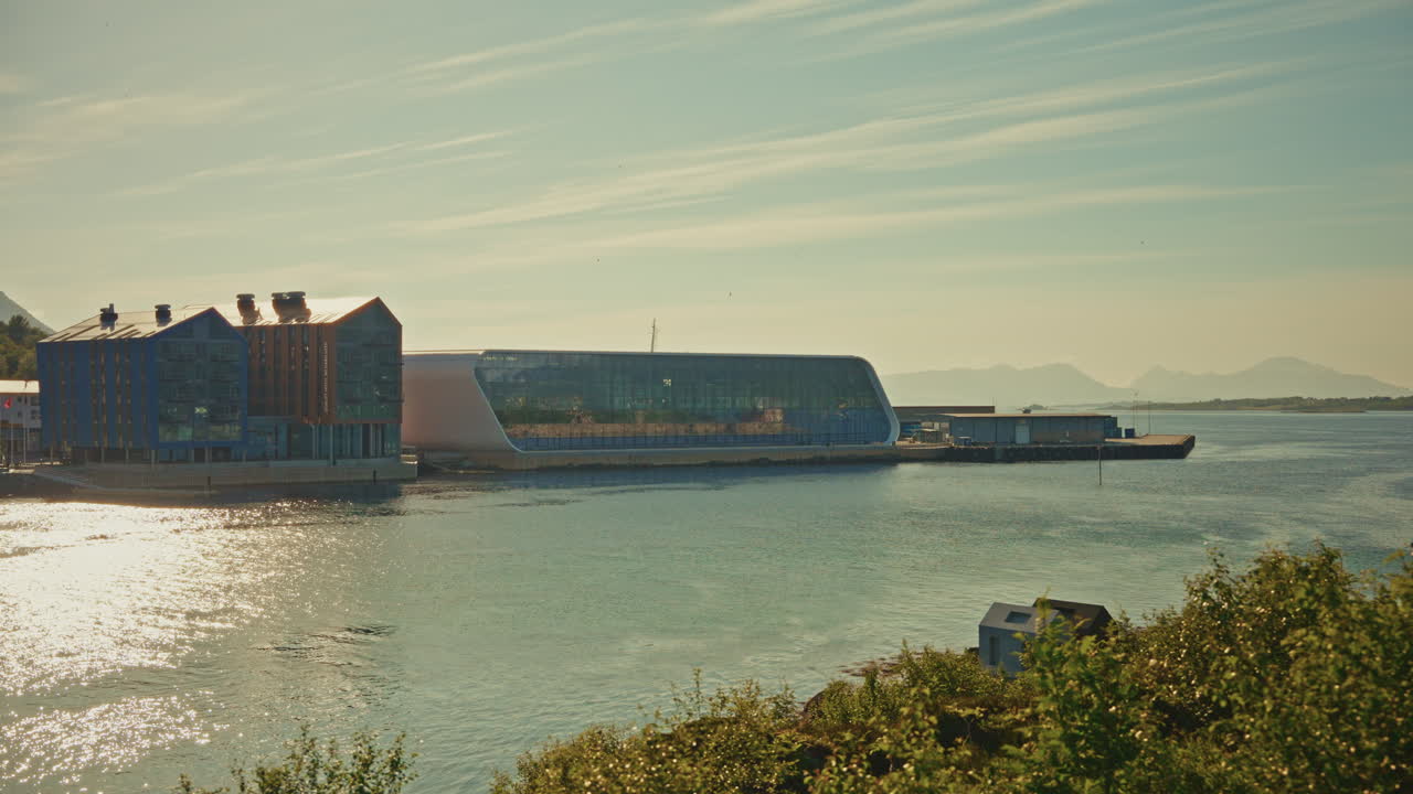 View of the glass facades of the Hurtigruen Museum in Stokmarknes, Norway.
Home of the MS Finnmarken from 1956.