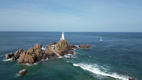 Calm-day-in-summer-La-Corbière,-Jersey,-Lighthouse,drone,aerial