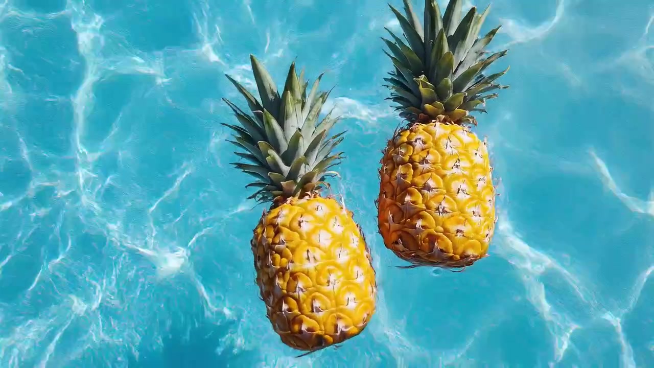 透明な青いプールの水に浮かぶ2つの新鮮なパイナップル