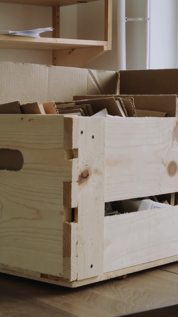 Vertical video: Camera starting drift, showing wooden crate with cutout handle at home paper inside