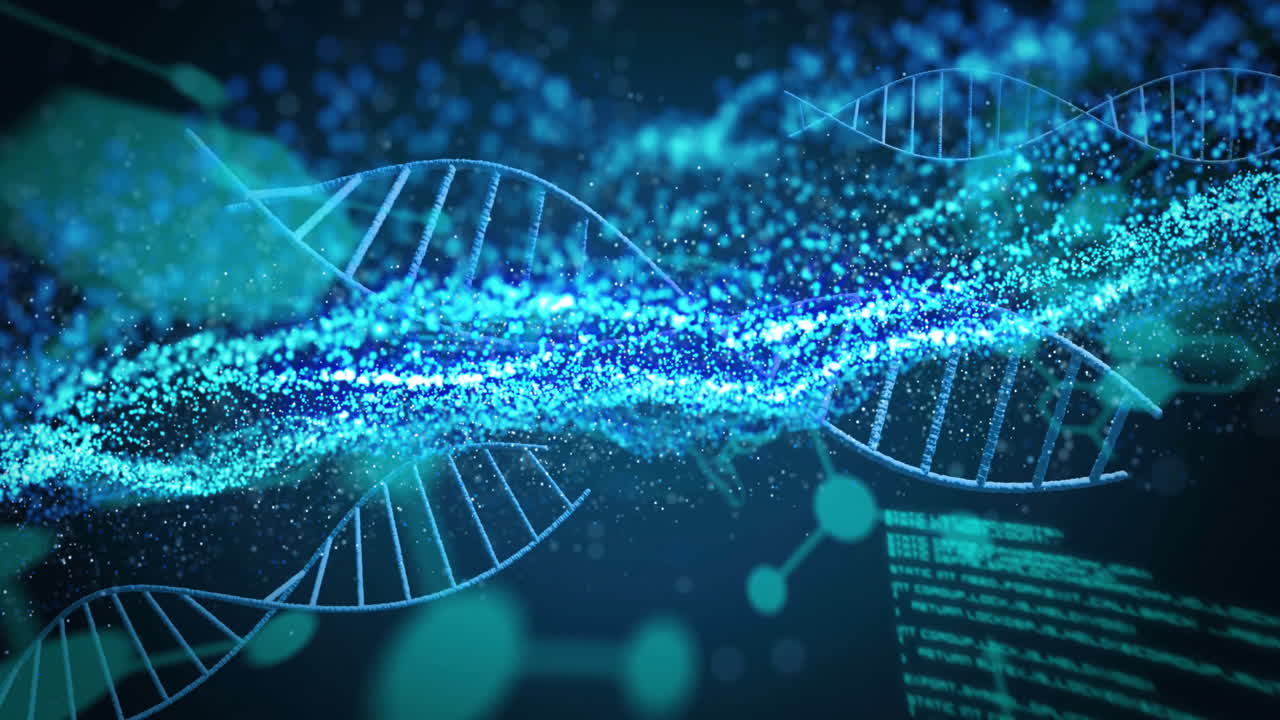 DNA strands and binary coding, scientific data processing animation