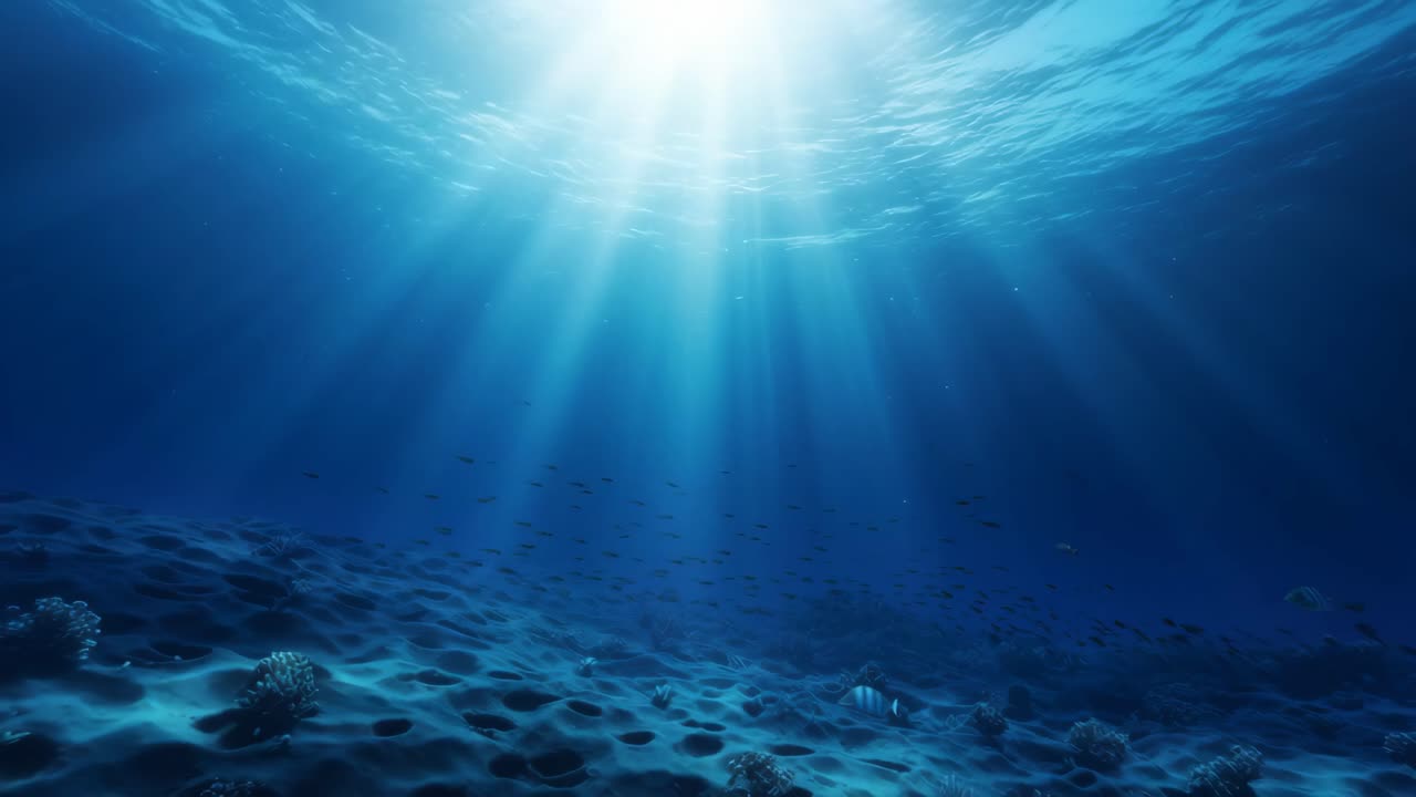 Underwater scene with sunlight streaming down, captured from a low angle