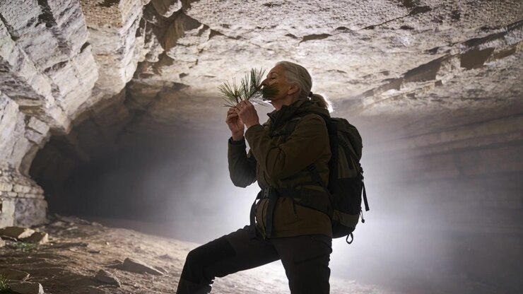Finding pine sprig, senior hiker lifting it, smelling pine inside cave, jacket and pack, copy space
