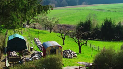 Aerial-shot-of-site-caravan-in-a-garden-plot-near-some-trees