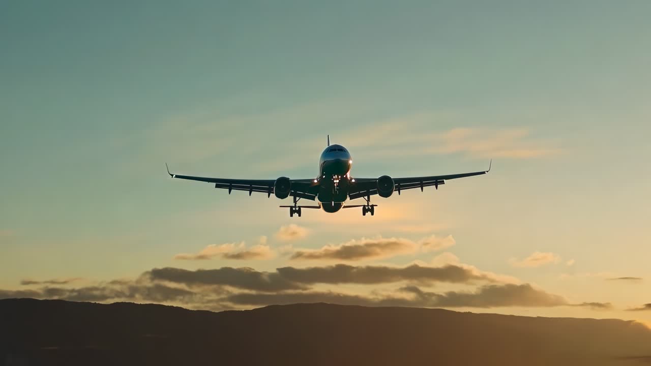 A low-angle video shot captures a plane landing against a sunset sky, emphasizing its grandeur