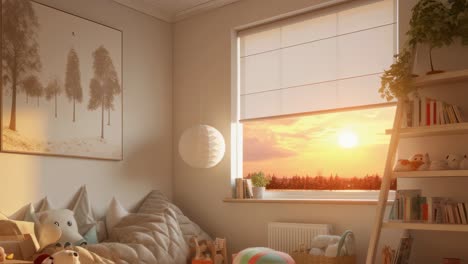 cozy child's room with sunset view