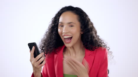 business woman, phone and celebration in studio