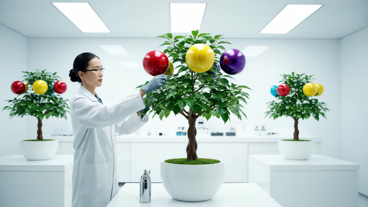 Scientist working with genetically modified fruit trees in a lab