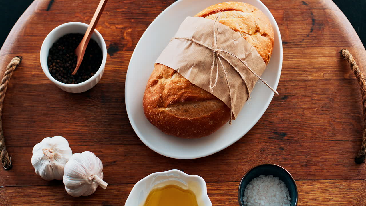 Rustic bread with garlic, pepper, salt and olive oil