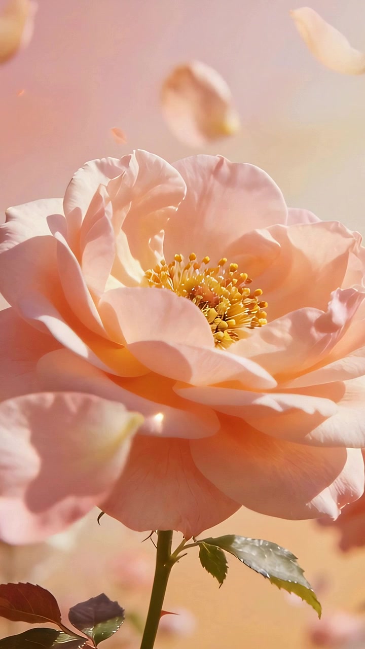 Video verticale: Rosa color pesca-rosa che ondeggia e perde i petali nella brezza del giardino, con stami gialli e stelo