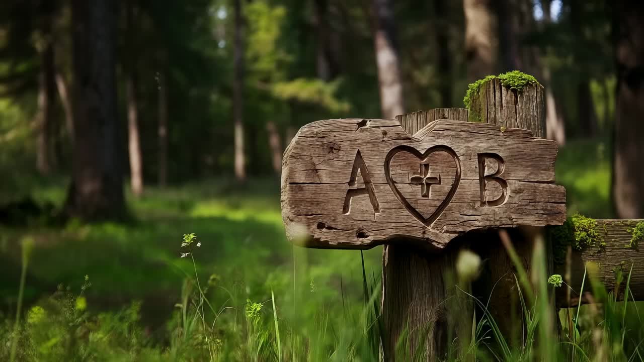 Bevægende kamera afslører et mosbegroet skilt i en solbeskinnet skov med fokus på udskårne bogstaver, A-hjerte-B.