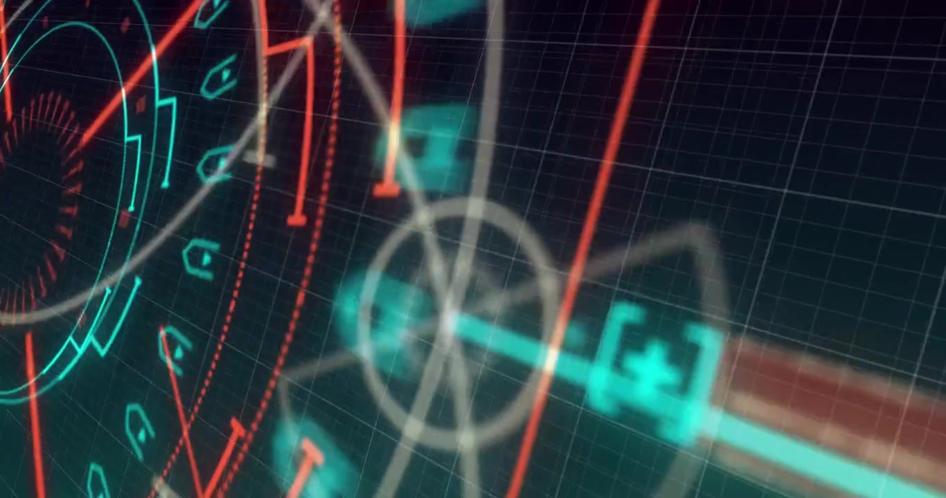 Animation of multiple geometric shapes and plus sign with computer language on grid