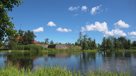 a scenic majestic panning view of korela fortress museum with the beautiful lake, on lands that have changed hands many times over the centuries, swedish, and finnish history