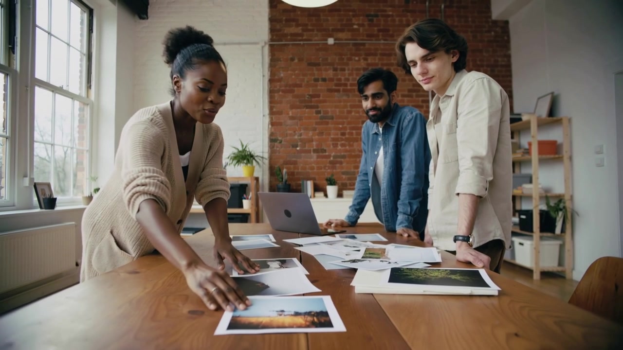 Meeting starting, sorting woman in beige cardigan laying prints on wood table at laptop for review