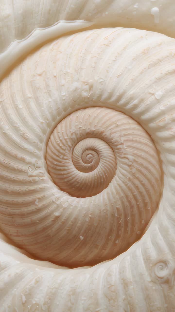 Vertical video: Camera pulling back, spiral shell revealing ridges on pale tabletop to show texture