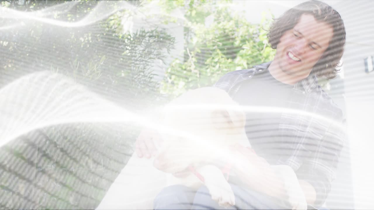 Man stroking puppy, adjusting red strap once puppy turning head showing pet care as overlay fading