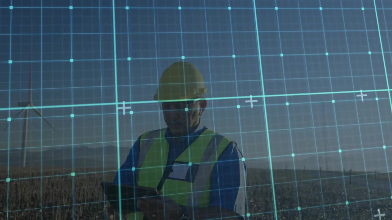 Field engineer tapping and swiping tablet to launch AR diagnostics for wind turbine monitoring