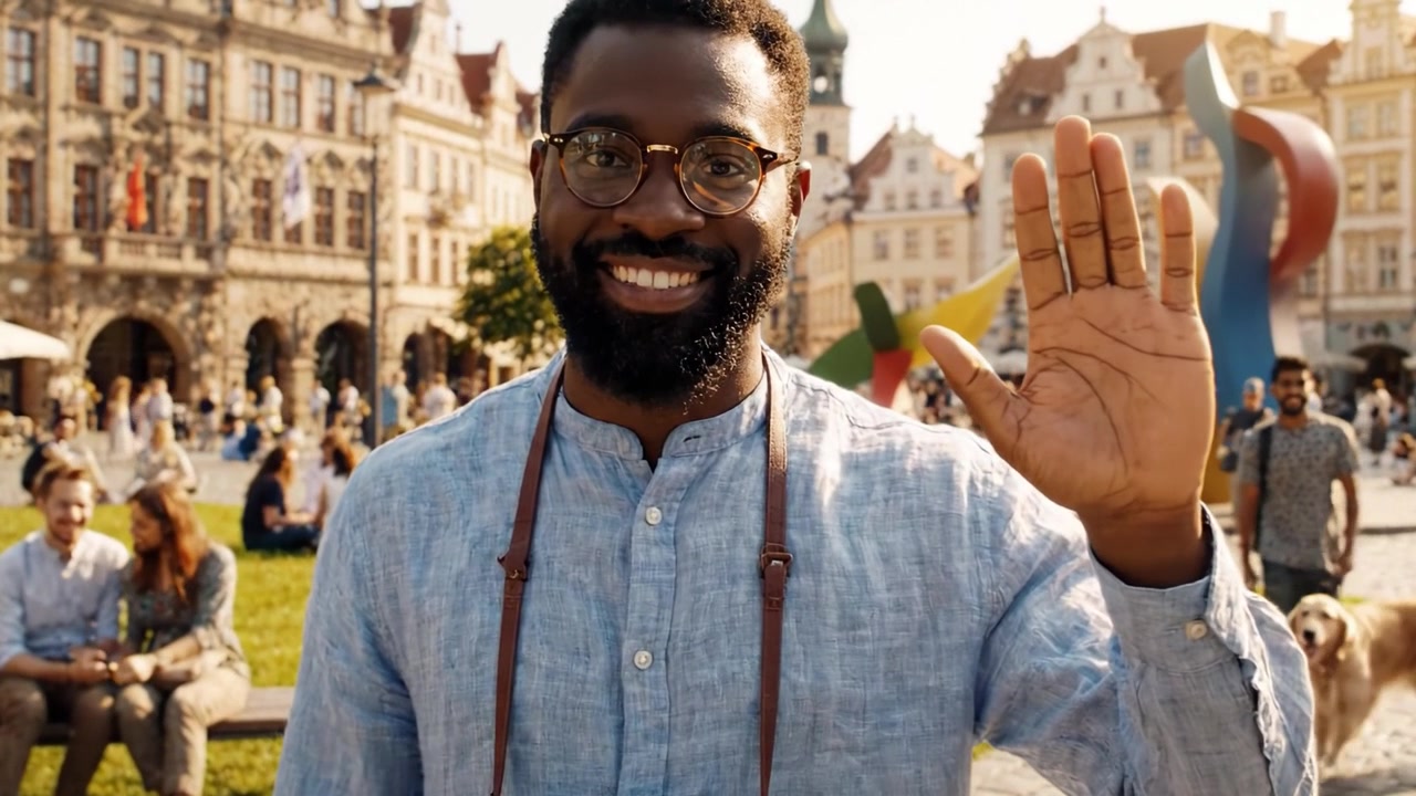 A Smiling Man with a Camera Captures Moments in a Bustling Square Filled with People, Colorful Sculptures, and Vibrant Atmosphere.