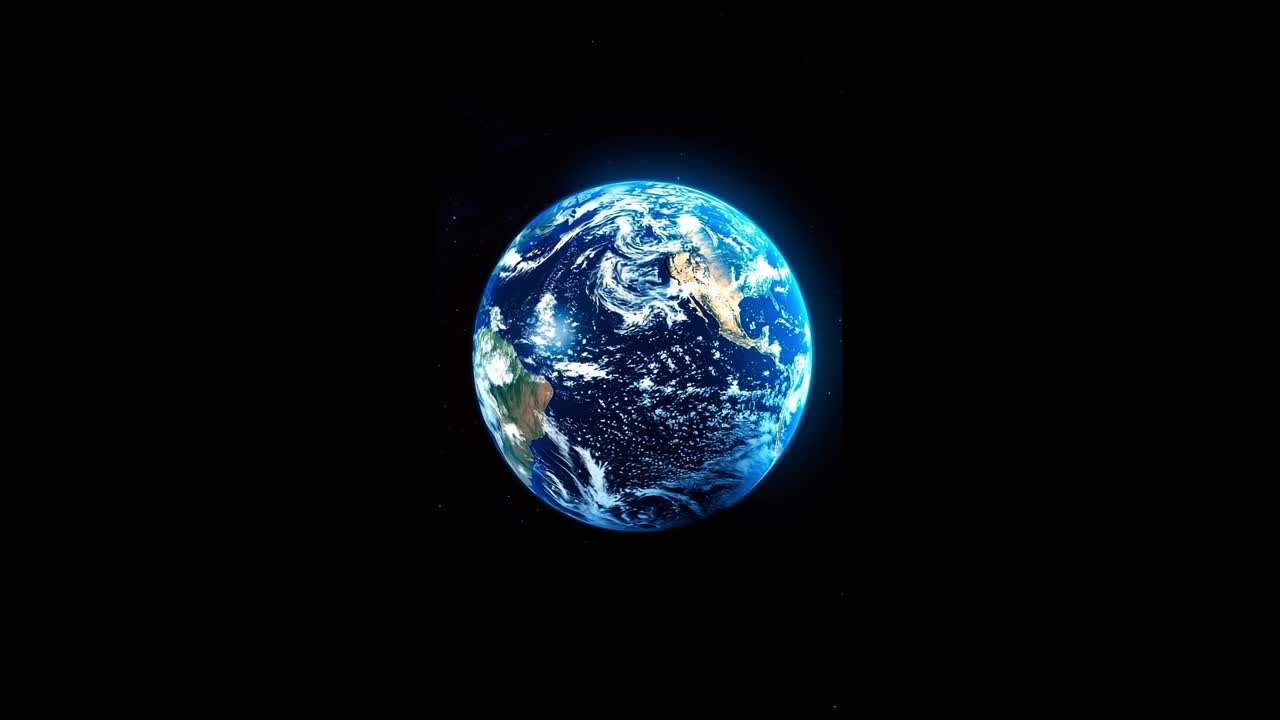 Earth viewed from space on a clear night. Bright blue and green planet Earth glows in the darkness of space with visible landmasses and clouds.
