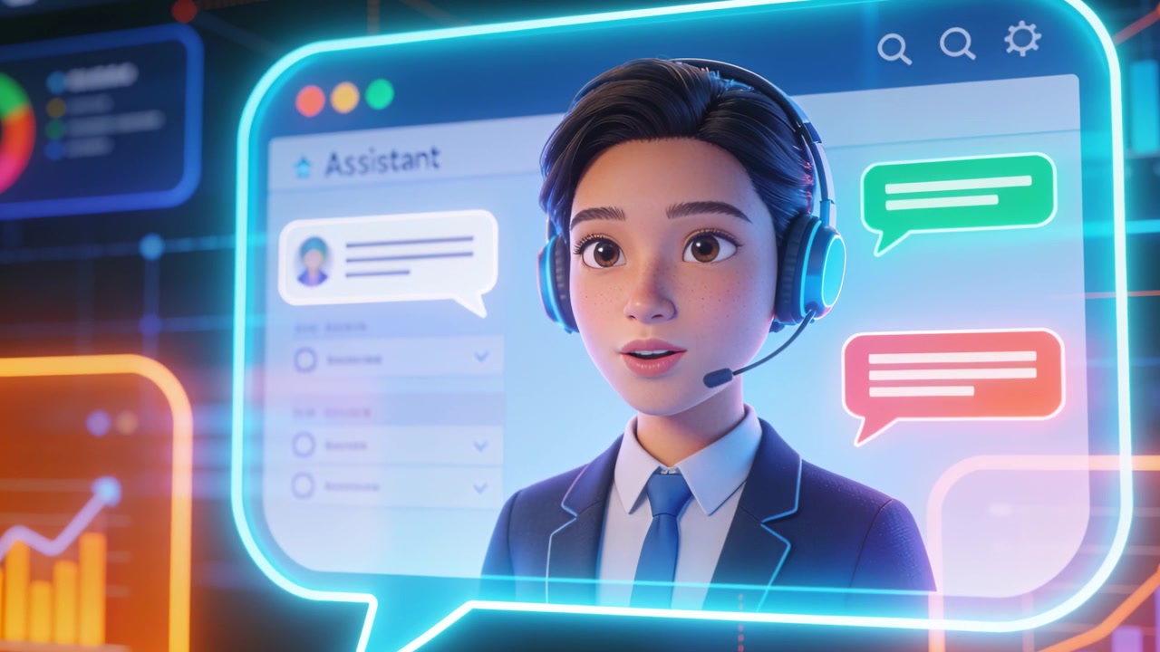 Assistente in blazer che appare in una bolla al neon, con lo sguardo inclinato, che parla rispondendo alla chat con microfono e grafico.