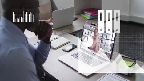 animation of financial data processing over diverse business people on laptop video call