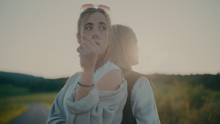 Amigas pensativas de pie espalda con espalda contra el cielo