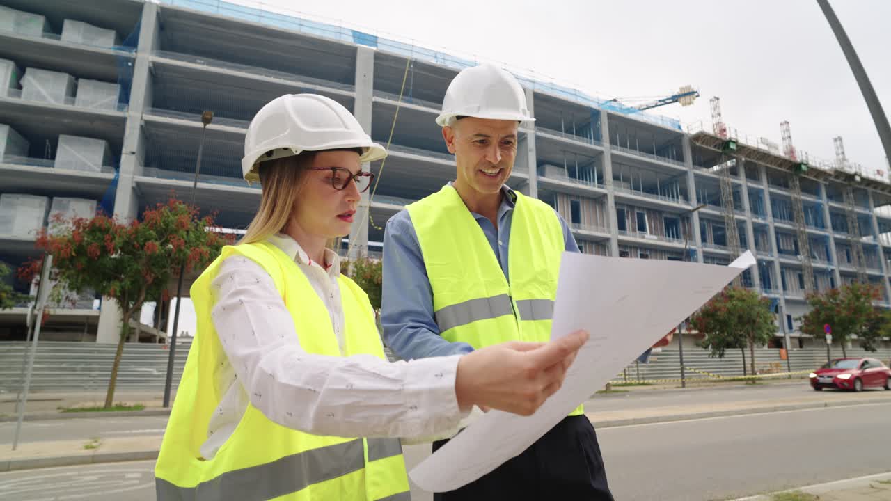 Construction workers reviewing blueprints at a building site