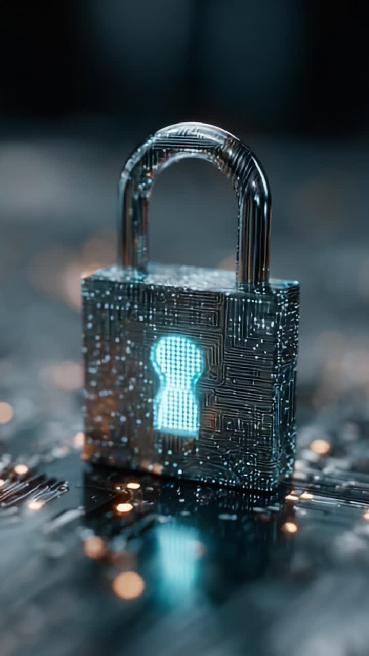 A futuristic digital lock glows with a secure keyhole, symbolizing advanced cybersecurity and data protection in a high-tech environment filled with circuit patterns