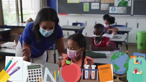 animation of school items icons over diverse schoolchildren and teacher wearing face masks