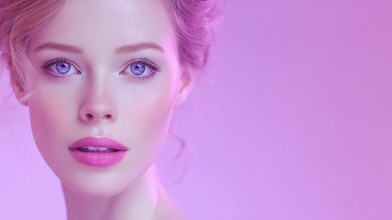Un ritratto mozzafiato di una giovane donna con incantevoli occhi azzurri e labbra rosa tenue, su uno sfondo viola sfocato che ne esalta la bellezza