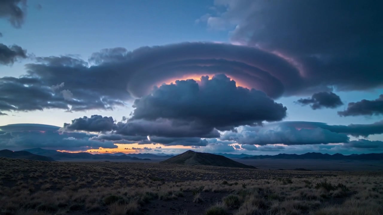 Anillos de nubes concéntricos brillantes y cúmulos desplazándose sobre una llanura desértica elevada al anochecer, con el sol poniéndose.