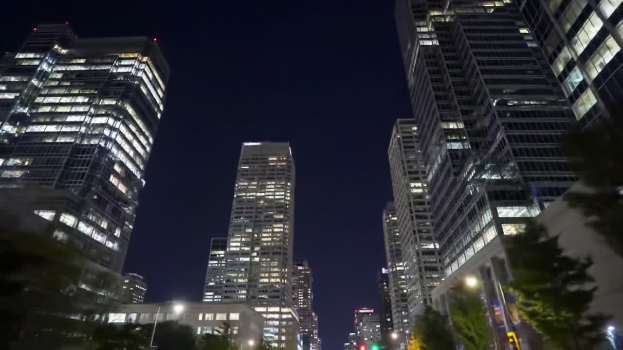 High-rise buildings illuminate the night sky in a bustling urban area. Cars move along the streets as the city's vibrant energy comes alive with lights and activity.