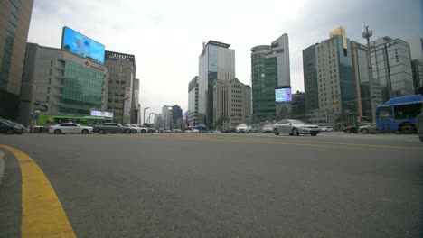 low level shot of busy intersection