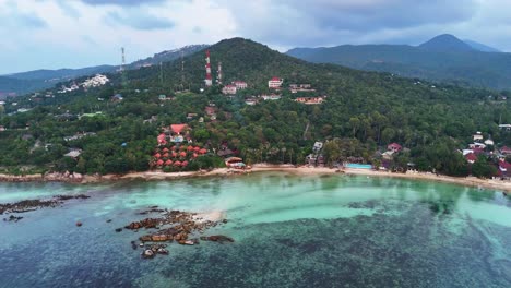 Panoramic-view-of-Koh-Phangan-coastline-in-Thailand,-aerial