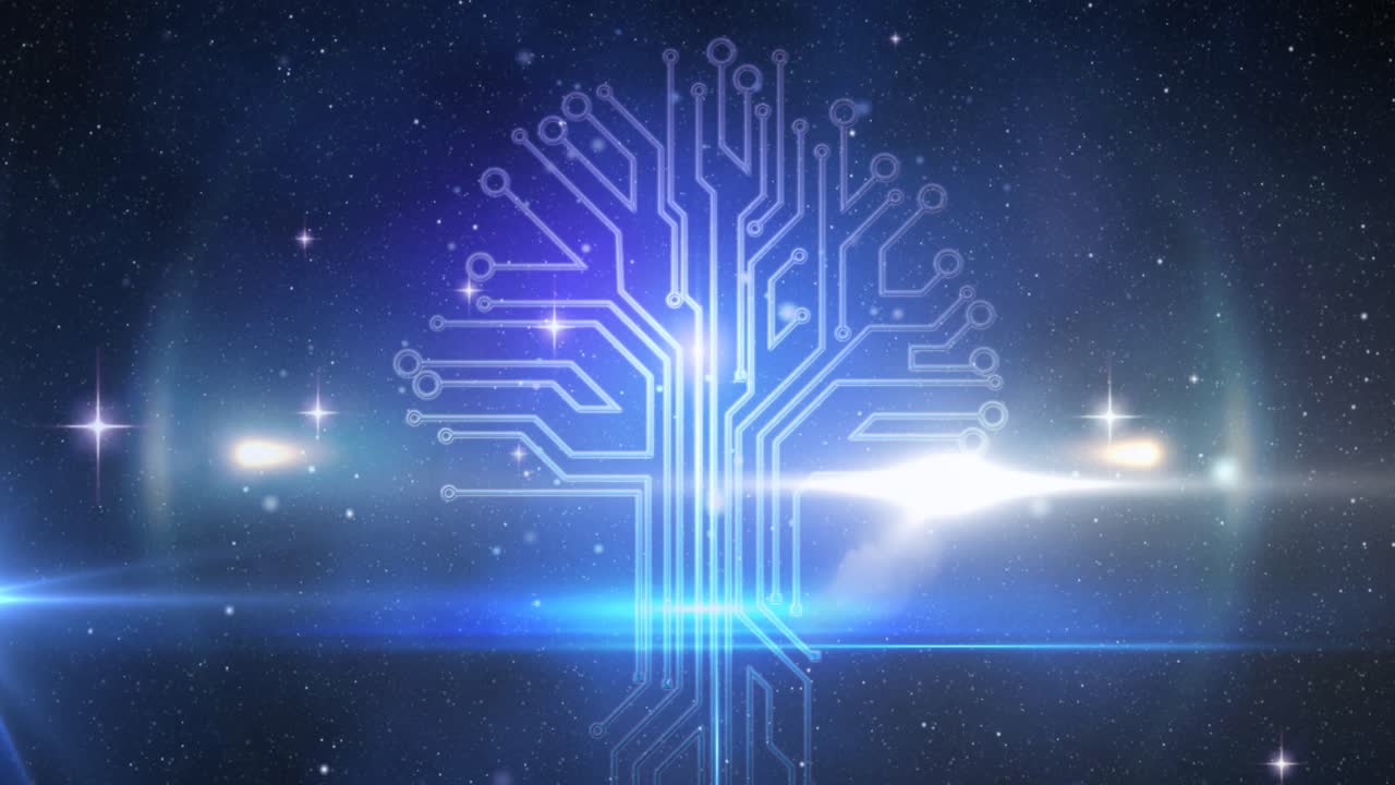 Animation of glowing computer circuit board elements on blue background