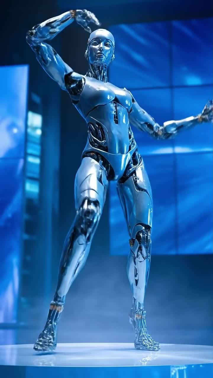 Blue metallic female robot in a dynamic running pose in futuristic environment