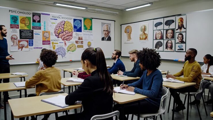 A video captures a classroom setting with a low-angle view of a teacher presenting psychology