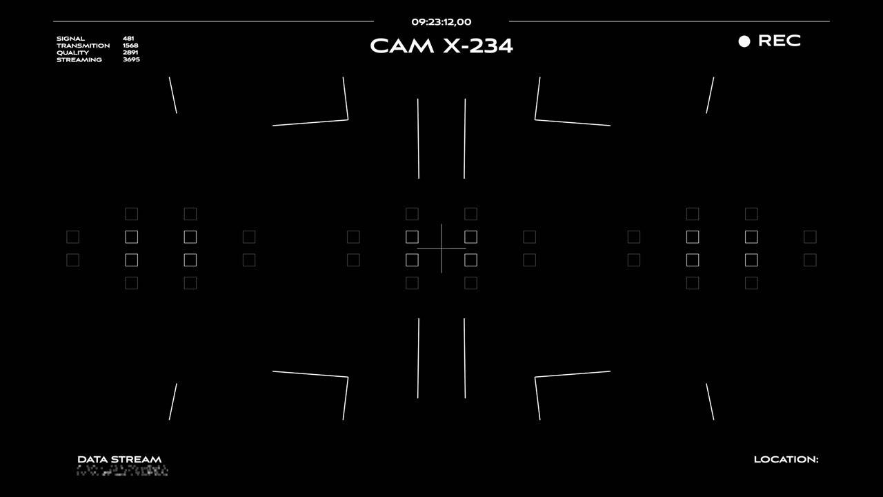 Complex white digital interface with camera framing and technical monitoring data. Excellent for high-tech surveillance scenes, scientific research, and advanced cyber security visuals.