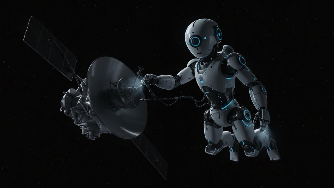 An advanced robotic explorer engages with a satellite in the vastness of space, showcasing futuristic technology and the potential for new discoveries in outer space exploration