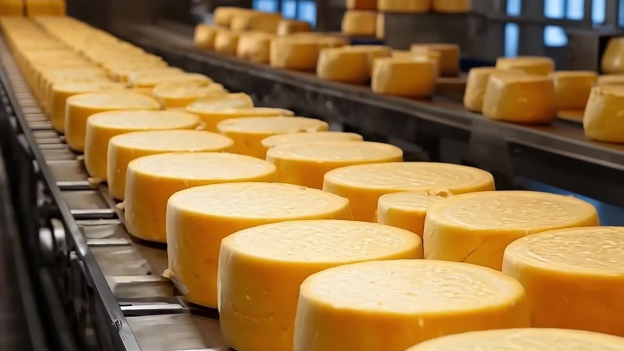 A conveyor belt filled with lots of cheese on top of a conveyor