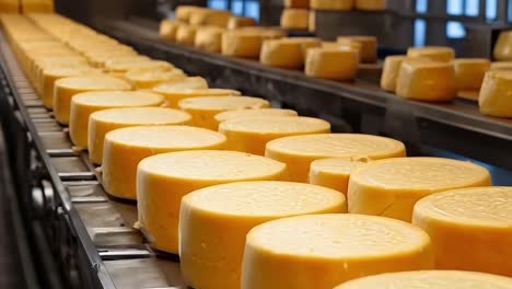 a conveyor belt filled with lots of cheese on top of a conveyor