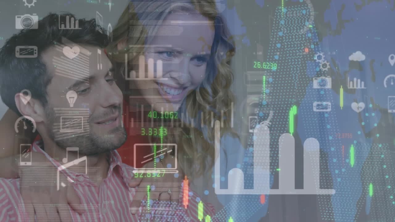 Animation of data processing over caucasian business people using laptop