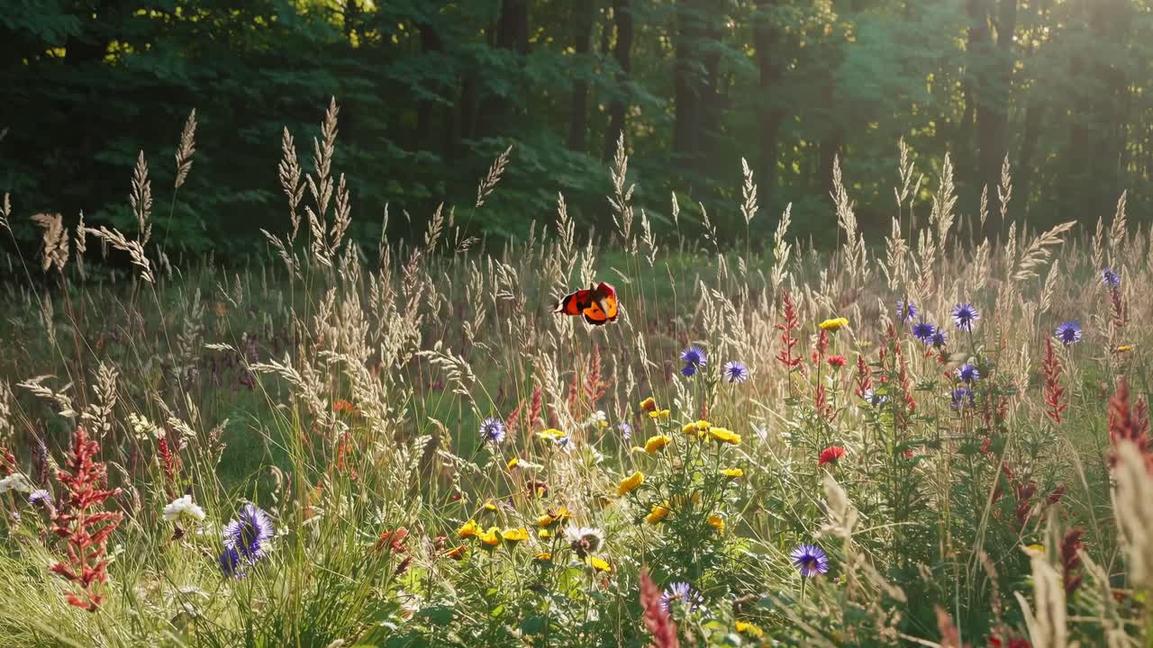 Eine friedliche Wiese mit Wildblumen und einem Schmetterling, aufgenommen in einer Aufnahme mit niedrigem Winkel