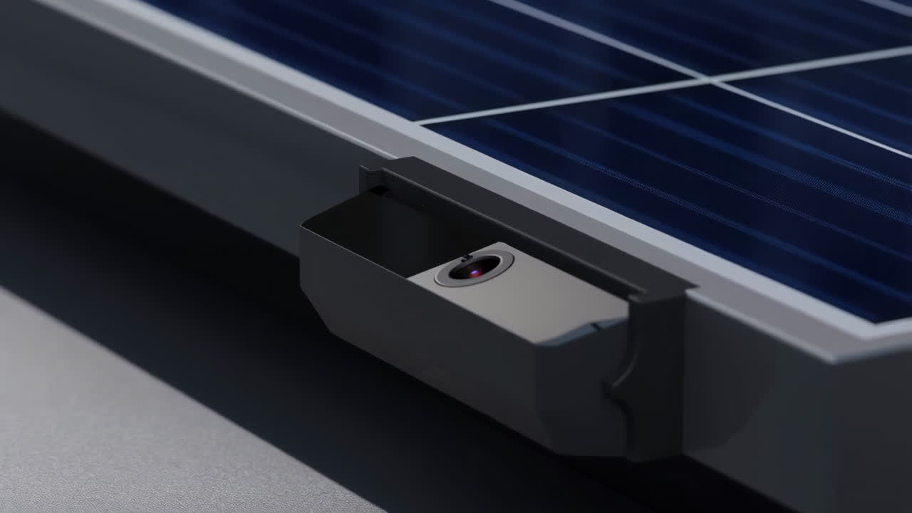 Close-up of a solar panel with a camera attached