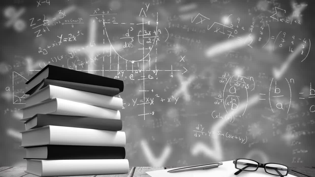 회색 배경에 떠다니는 수학 방정식에 대한 책과 안경의  ⁇ 어리