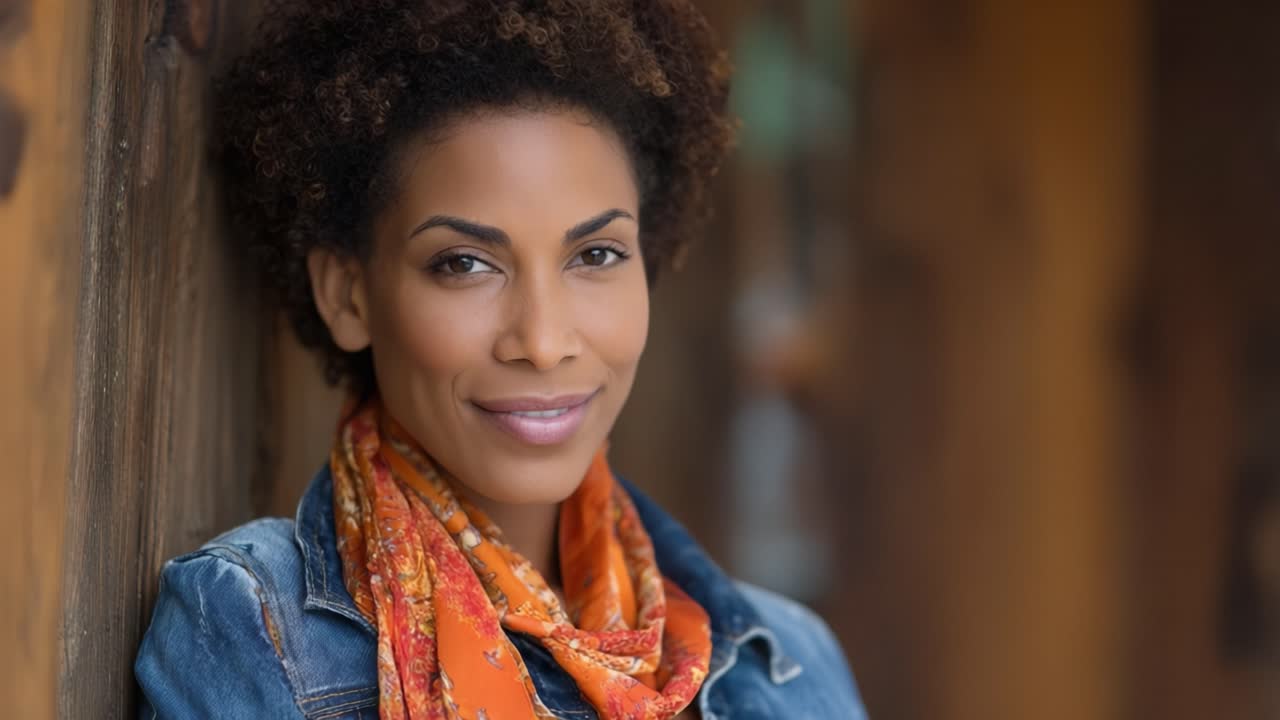 Mulher Confiante em Jaqueta Jeans e Cachecol Estiloso Posa com Óculos de Sol ao Ar Livre, Exalando Charme e Elegância em um Cenário Natural.