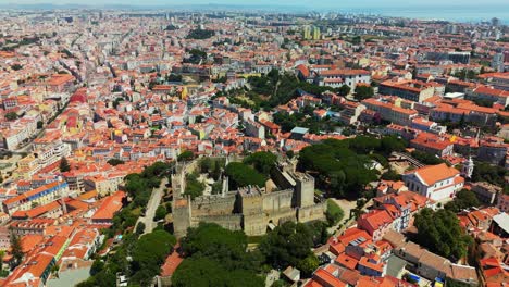Drone orbit panorama over Castelo de São Jorge and Alfama rooftops, Lisbon, Portugal