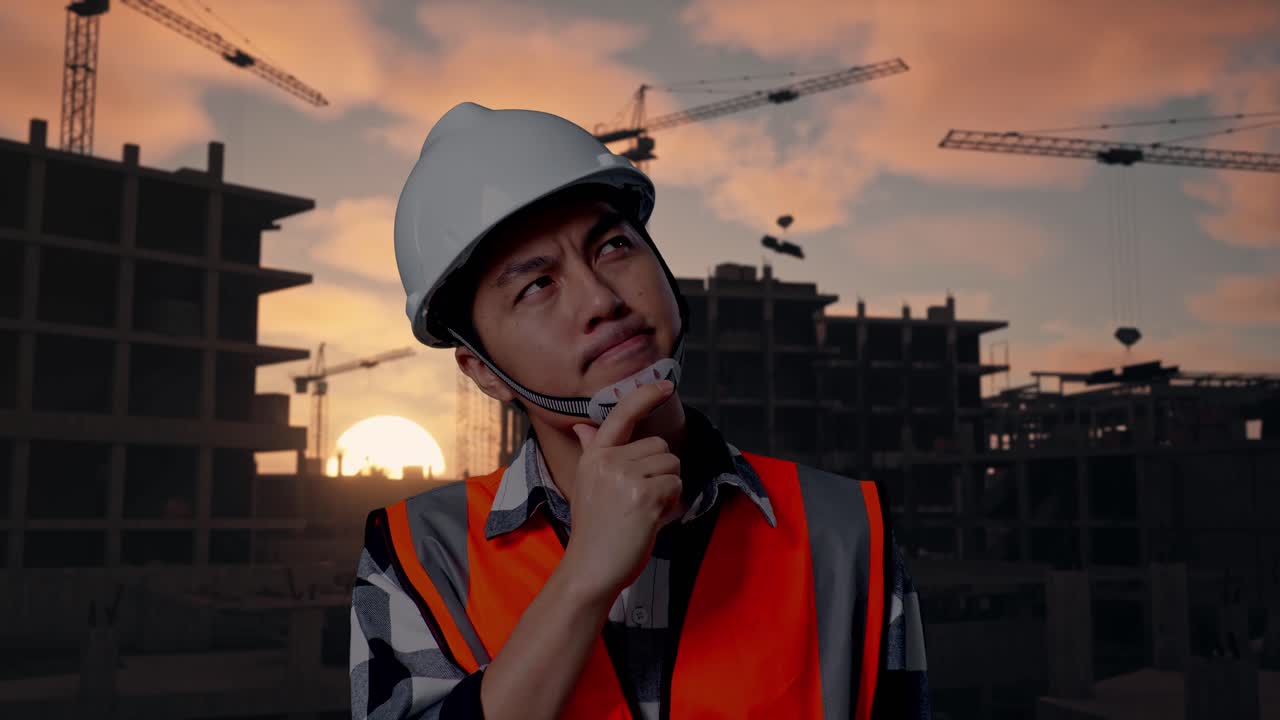 Close Up Of Asian Male Engineer With Safety Helmet Thinking About Something And Looking Around While Standing At Building & Construction Site in Progress to New House